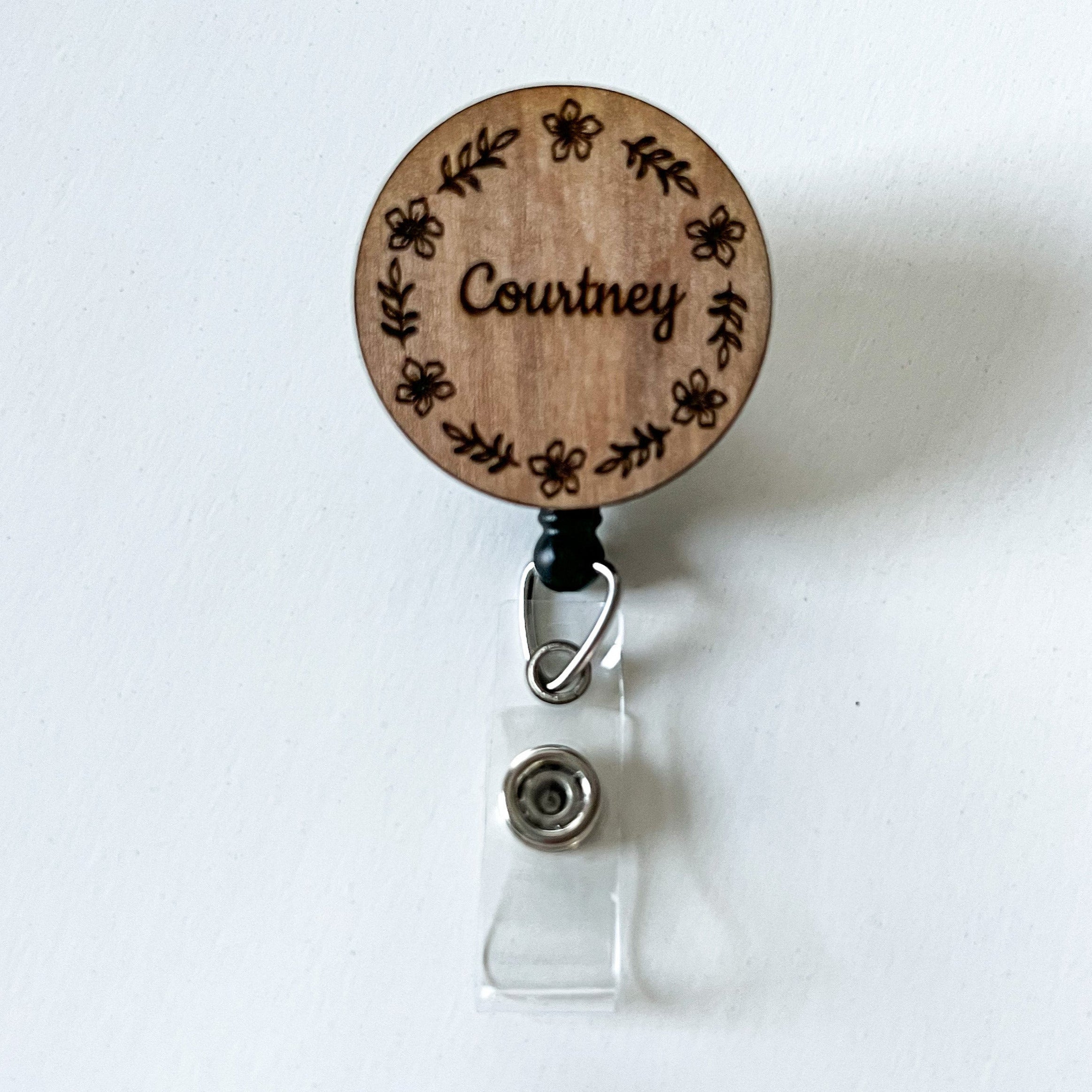 Wooden Badge Reel: Flower Frame - Personalize!