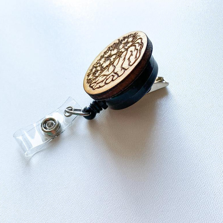 Wooden Badge Reel: Floral Brain
