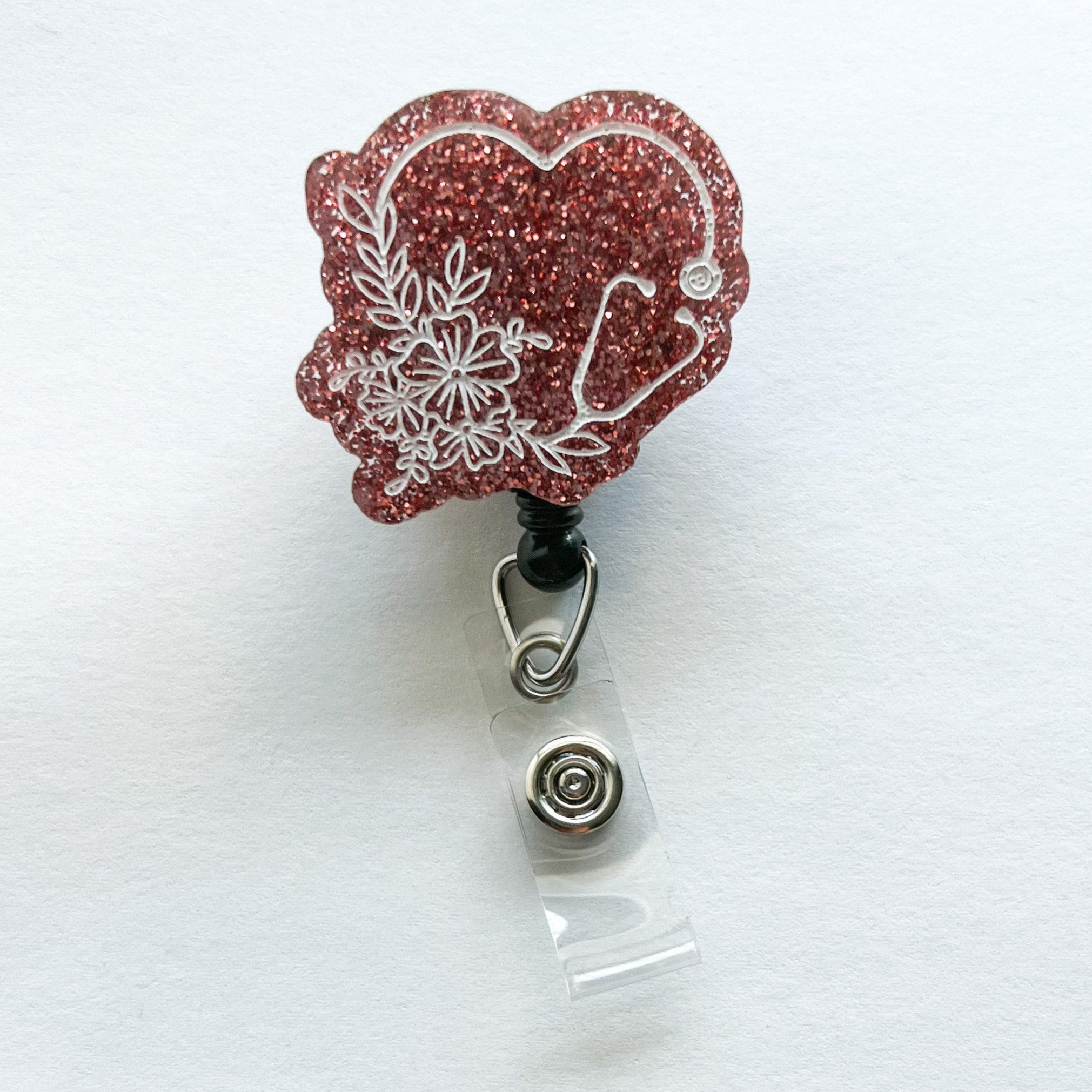Glitter Badge Reel: Floral Stethoscope