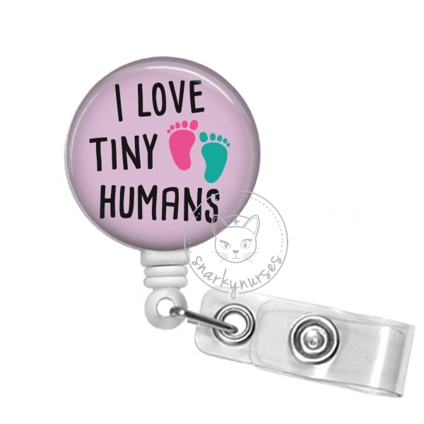 GEYGIE I Love Tiny Humans Badge Reel Retractable with Alligator Clip, Funny Baby Feet ID Badge Holder Gift for Labor Pediatric Nurses Doctor RN en L