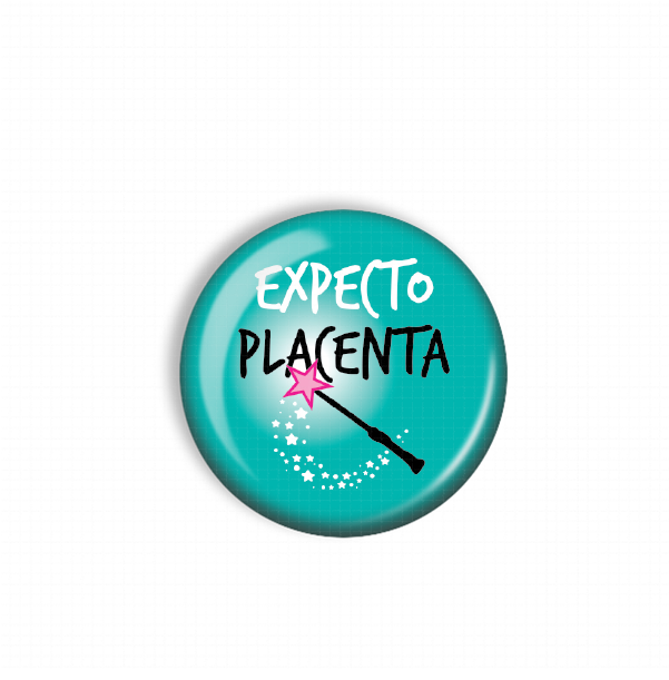 A turquoise button with the text "EXPECT TO PLACENTA" and a pink wand with stars on it.