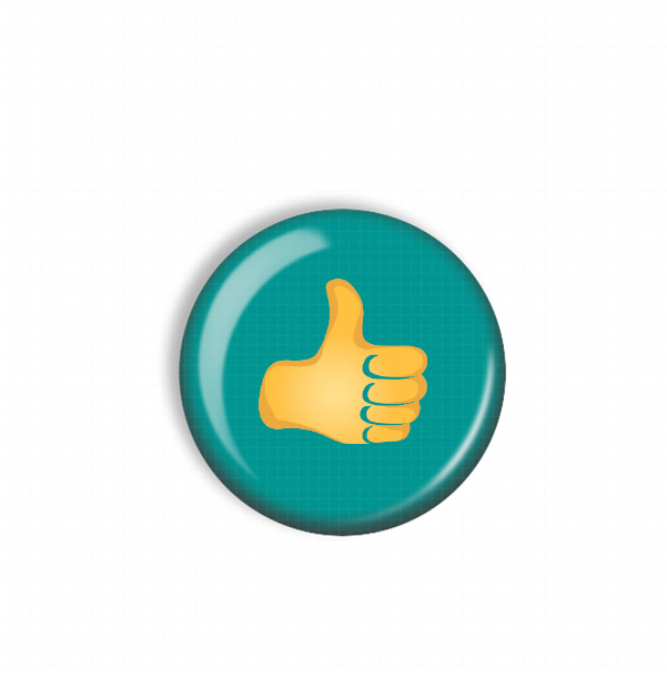 A thumbs up button with a yellow thumb and a teal background.