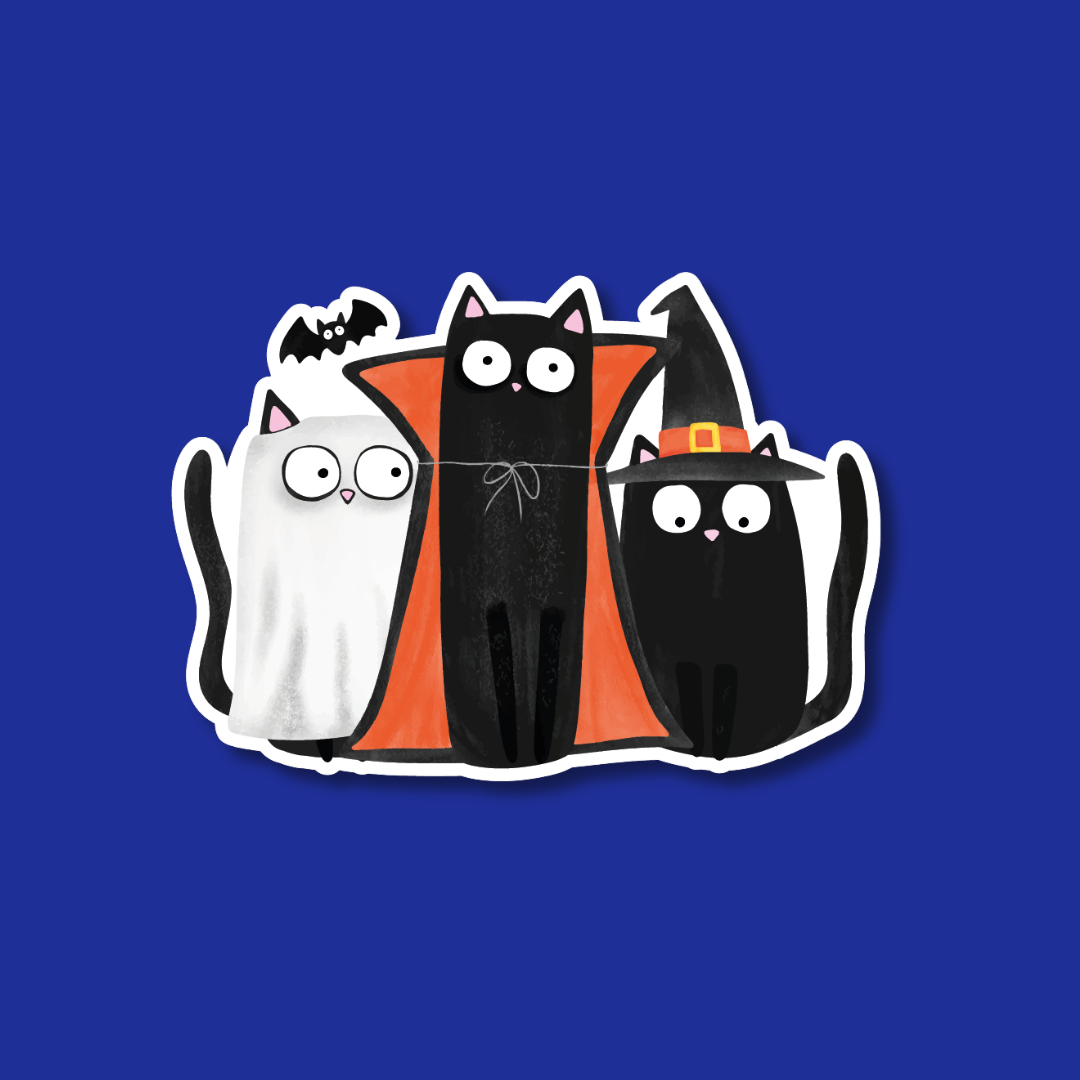 A group of cats dressed in Halloween costumes, including a ghost, a witch's hat, and a black and orange outfit, are depicted against a blue background.