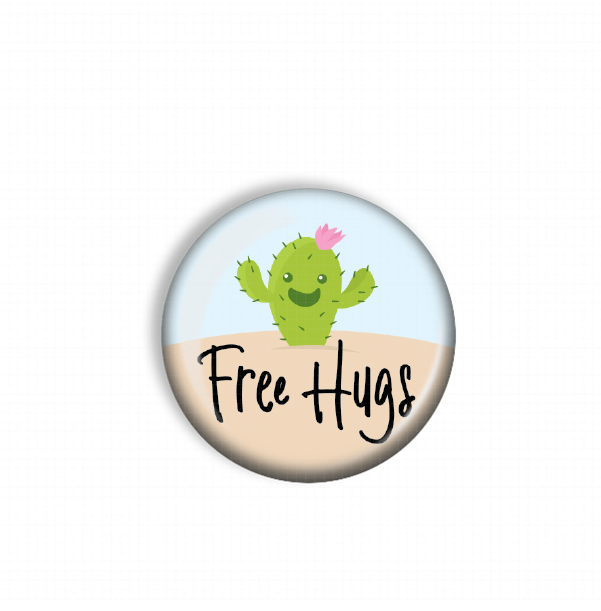 A round button with a green cactus and the text "Free Hugs" on it.