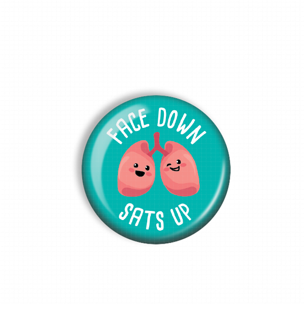 A blue button with a cartoon image of a lung and the text "Face down SATs up" on it.