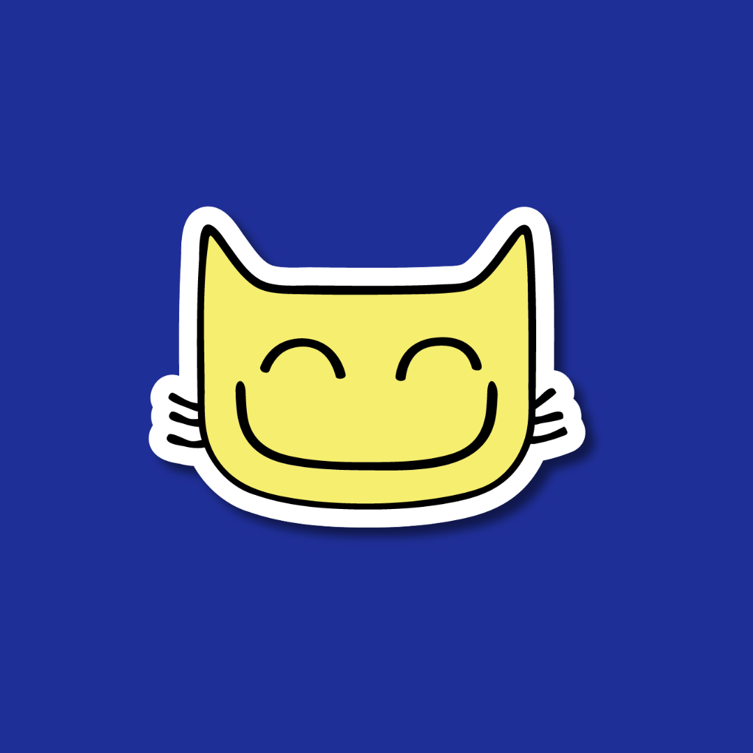 A simple, cartoon-like illustration of a smiling yellow cat against a blue background.