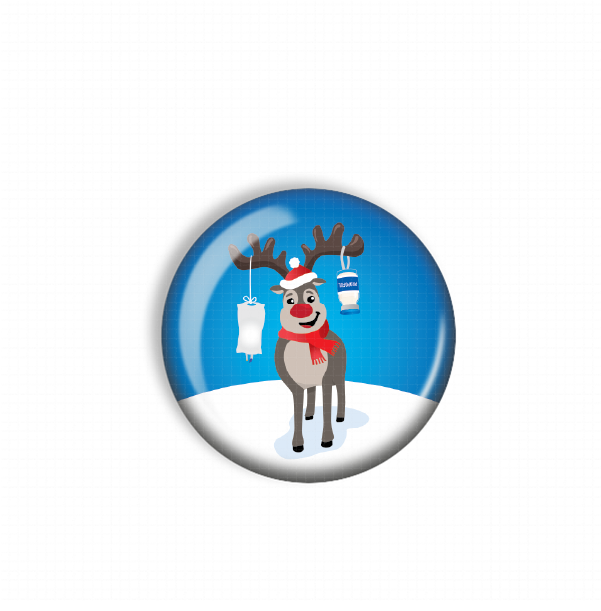 A cartoon reindeer wearing a red scarf and hat, with antlers and a snow globe, is depicted in the center of the image.
