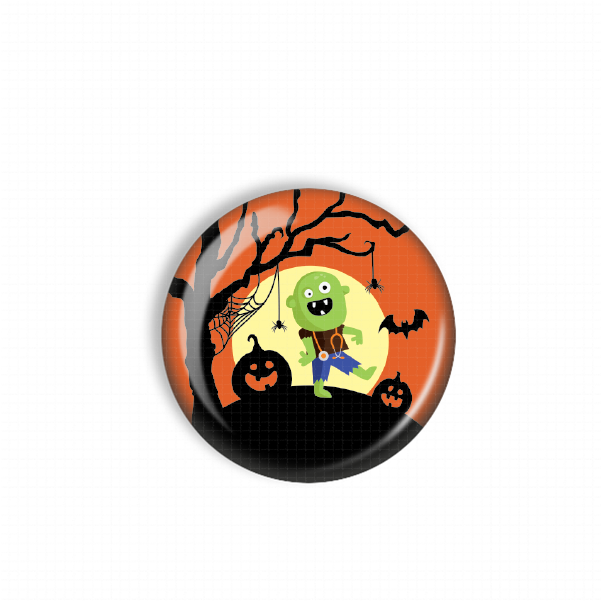 A Halloween-themed sticker featuring a green monster, a jack-o-lantern, and a spider web against an orange and black background.