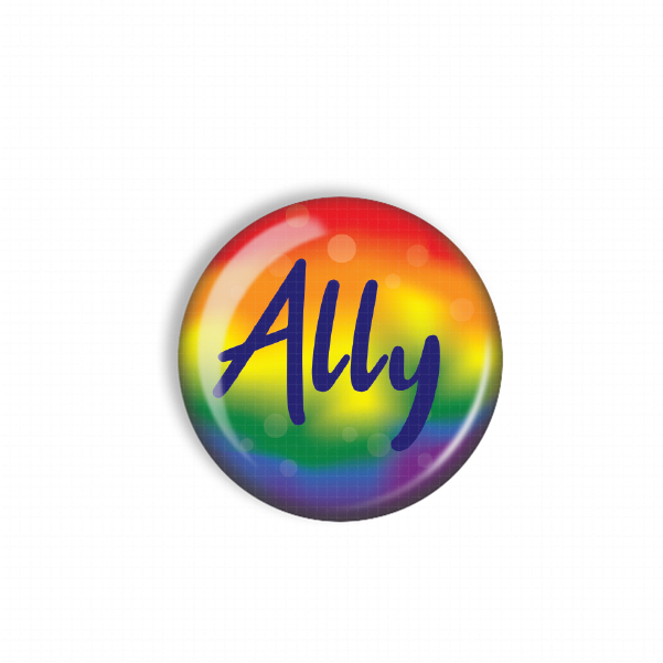 A colorful, circular button with the word "Ally" written on it in a stylized font.
