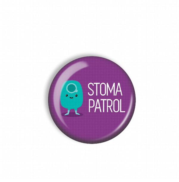A purple button with a cartoon character and the text "STOMA PATROL" printed on it.
