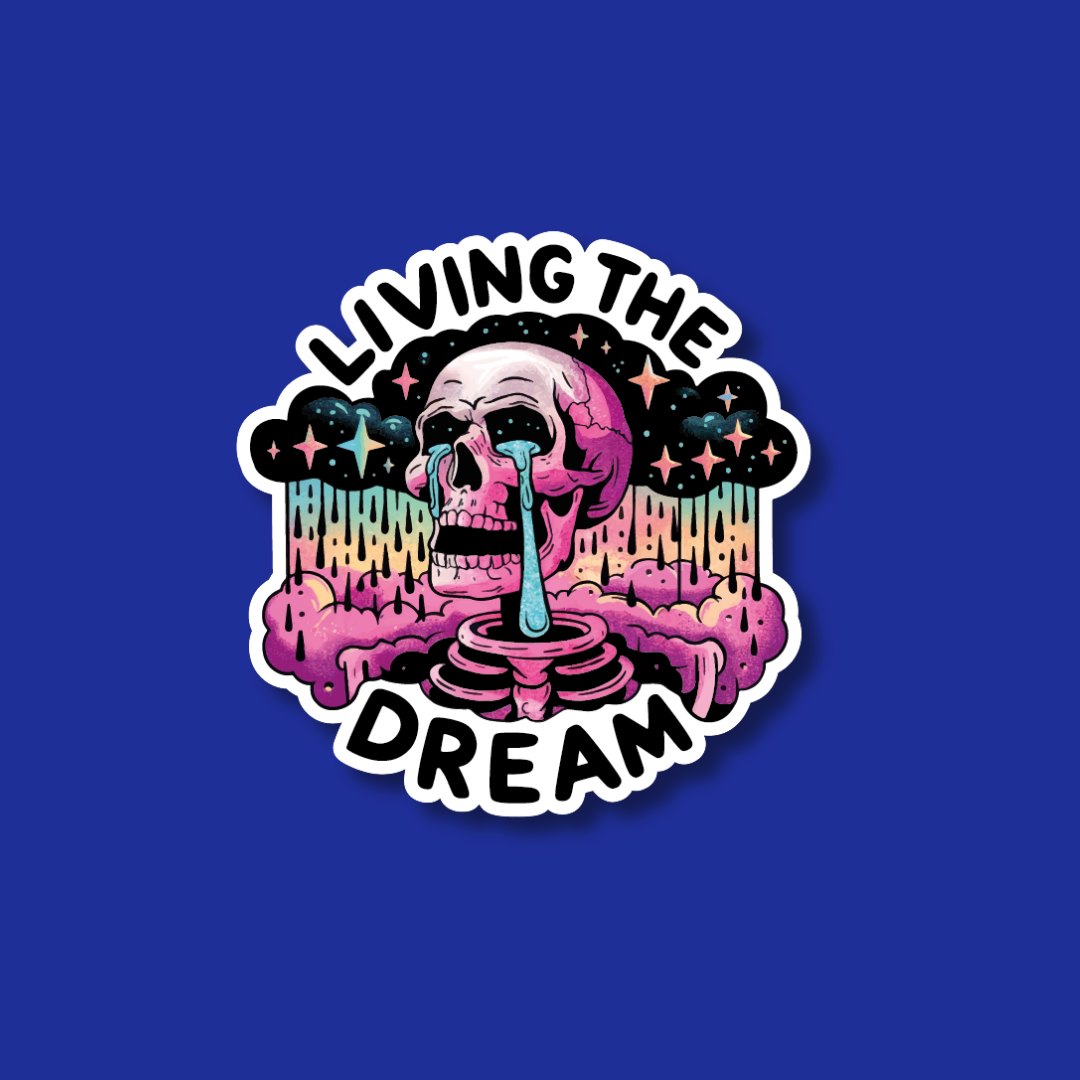 A sticker with a skull and a dreamy, colorful background.