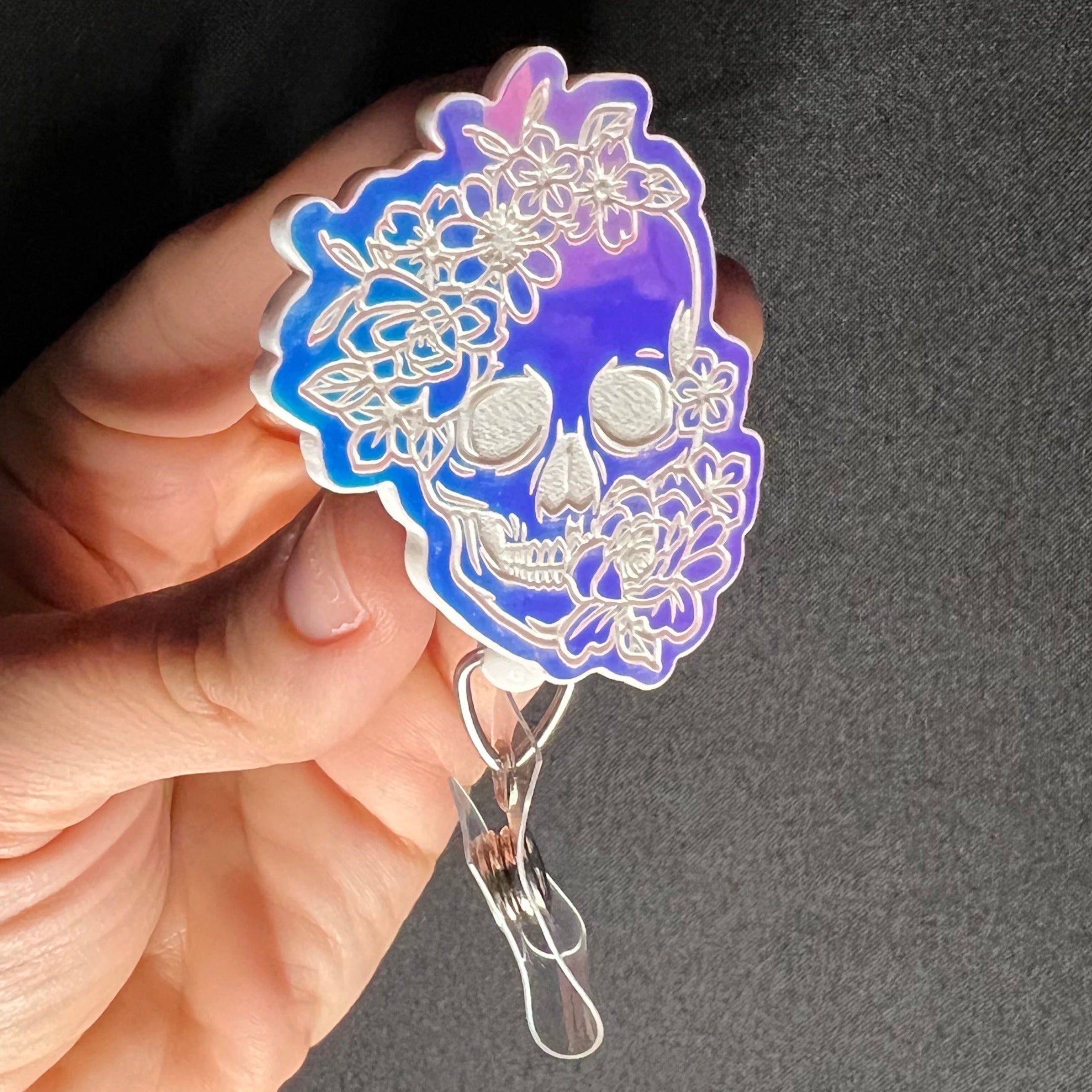 Color Shift Badge Reel Topper: Floral Skull
