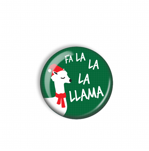 A green button with a white llama wearing a red scarf and a Santa hat, along with the text "FA LA LA LA llama" written in white.