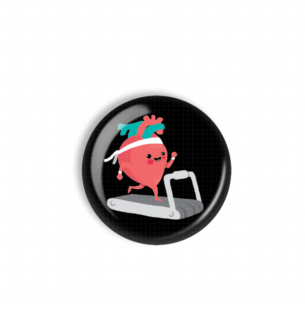 A cartoon heart character is depicted running on a treadmill, with a green heart symbol on its head.