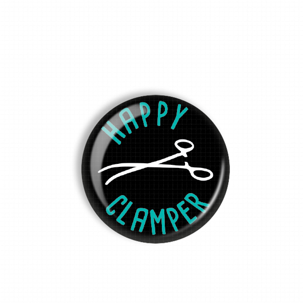 A black button with teal and white text that says "HAPPY CLAMPER".