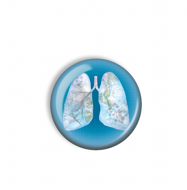 A blue circular object with a depiction of lungs on it.