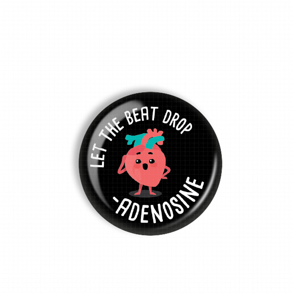 A black button with a cartoon character and text on it.