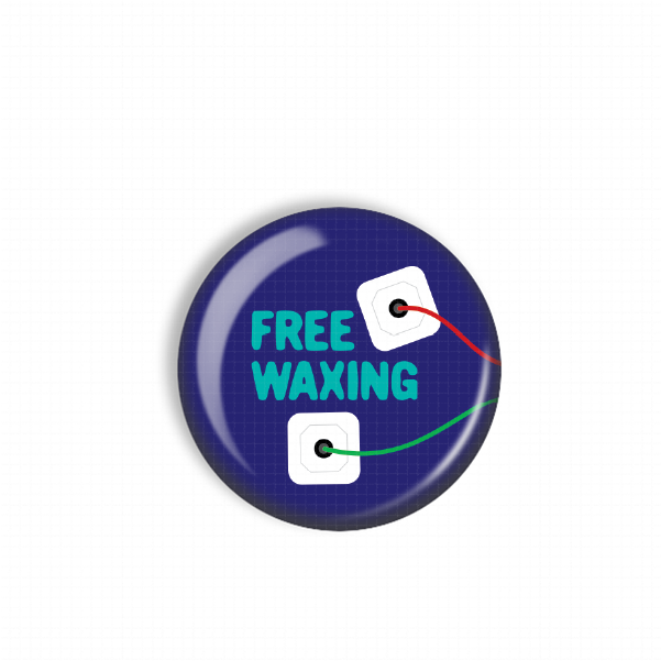 A blue button with the text "FREE WAXING" and two white squares with red and green wires attached to them.