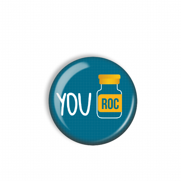 A blue button with the text "YOU ROC" on it, along with a yellow bottle icon.