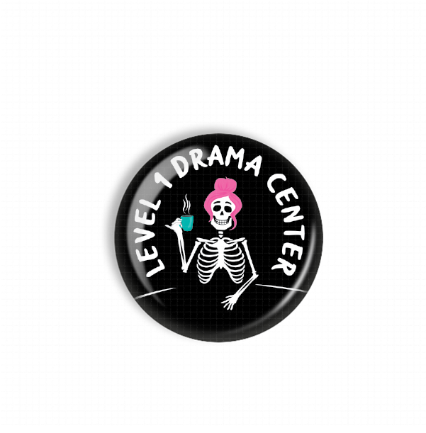 A black and white circular badge with a skeleton wearing a pink hat and holding a cup of coffee.