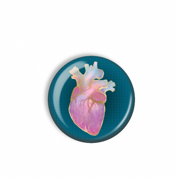 A blue circular object with a pink heart-shaped illustration on it.