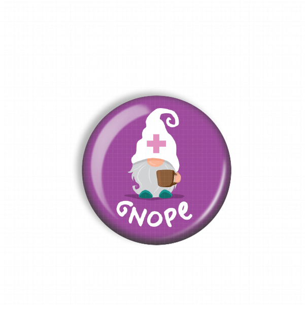 A purple button with a cartoon image of a gnome wearing a white hat with a pink cross and the word "NOPE" written below it.