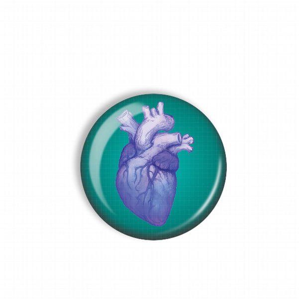 A round, green button with a purple illustration of a human heart on it.