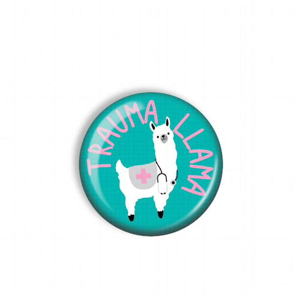 A blue button with a white llama and the text "Trauma llama" written on it.
