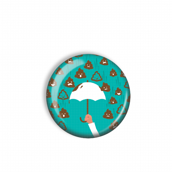 A person holding an umbrella with a pattern of brown poop faces on it, against a teal background.