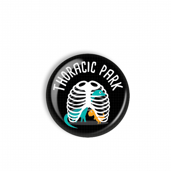 A black and white circular badge with a graphic design featuring a skeleton and two animals, one orange and one yellow, against a white background.