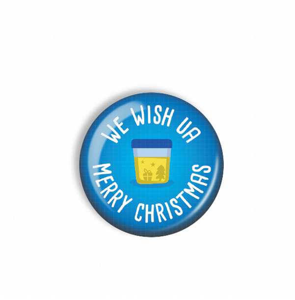 A blue button with the text "WE WISH U A MERRY CHRISTMAS" written on it.