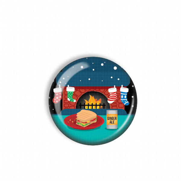 A plate with a sandwich and a can of ginger ale, set against a cozy fireplace scene with stockings and snowflakes.