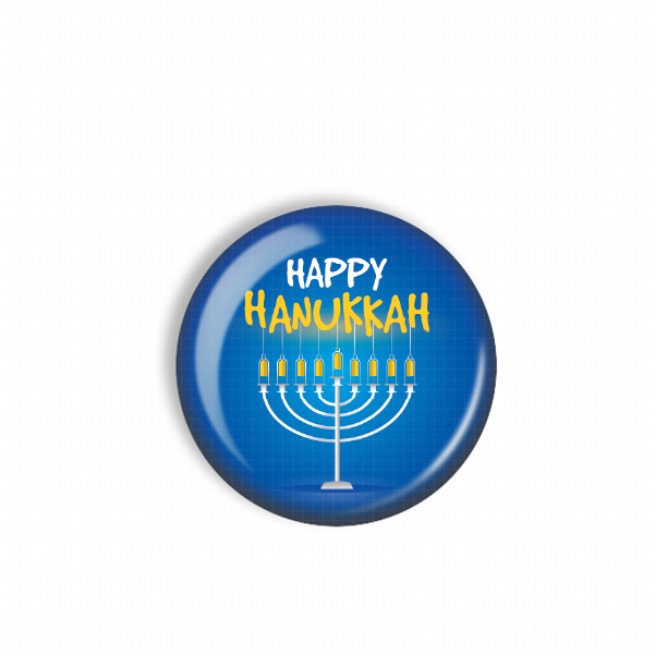 A blue circular button with a Hanukkah menorah and the text "Happy Hanukkah" displayed on it.