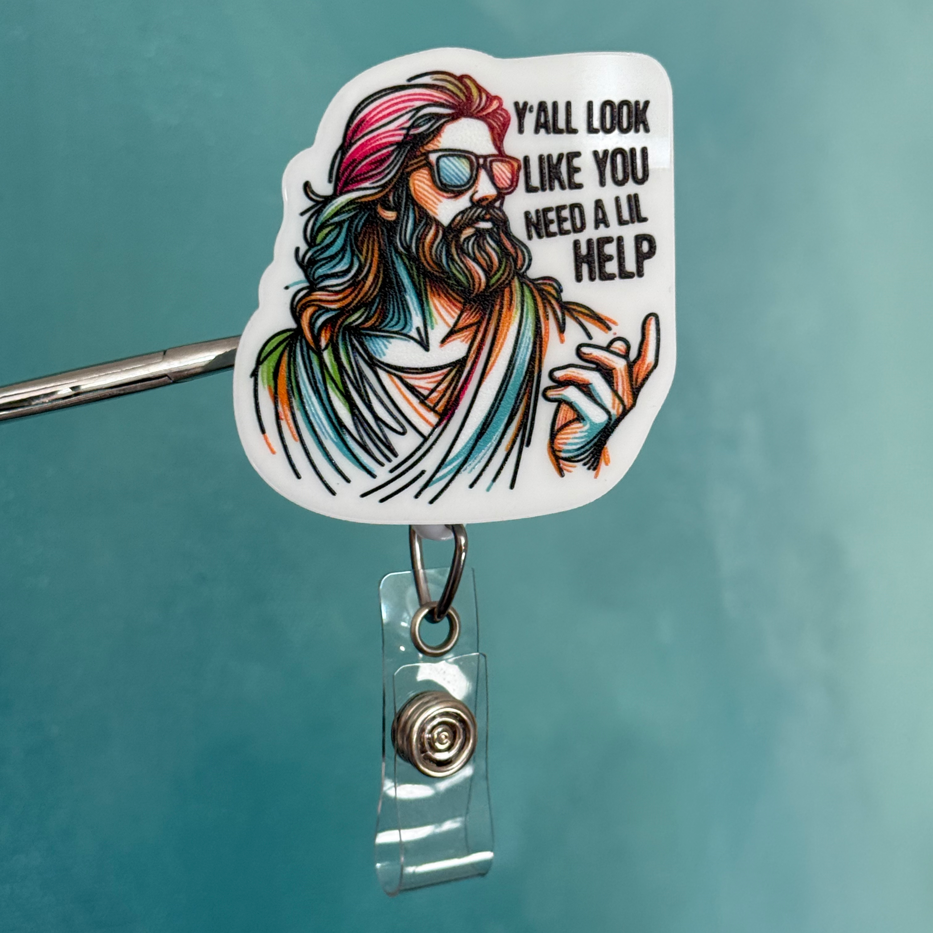 Badge holder with cartoon character and humorous text on a teal background