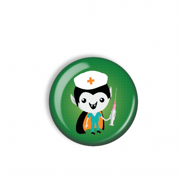 A green button with a cartoon illustration of a vampire character wearing a nurse's hat and holding a syringe.