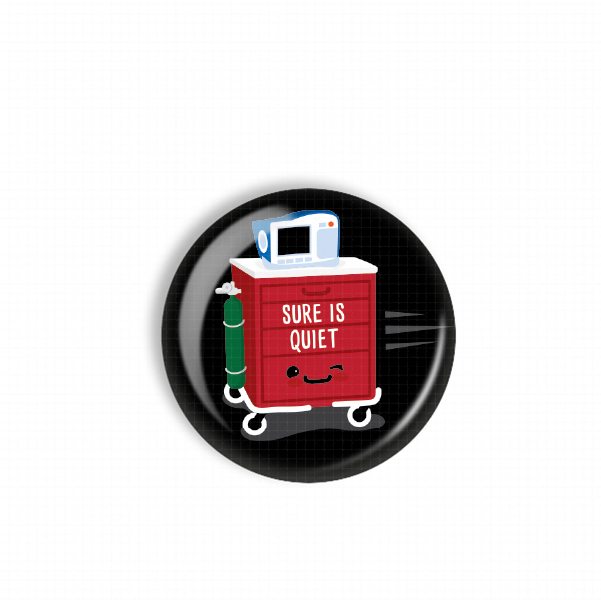 A black and white image featuring a red cabinet with a cartoon face and the text "SURE IS QUIET" on it.