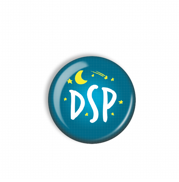 A blue circular button with the text "DSP" and stars on a night sky background.