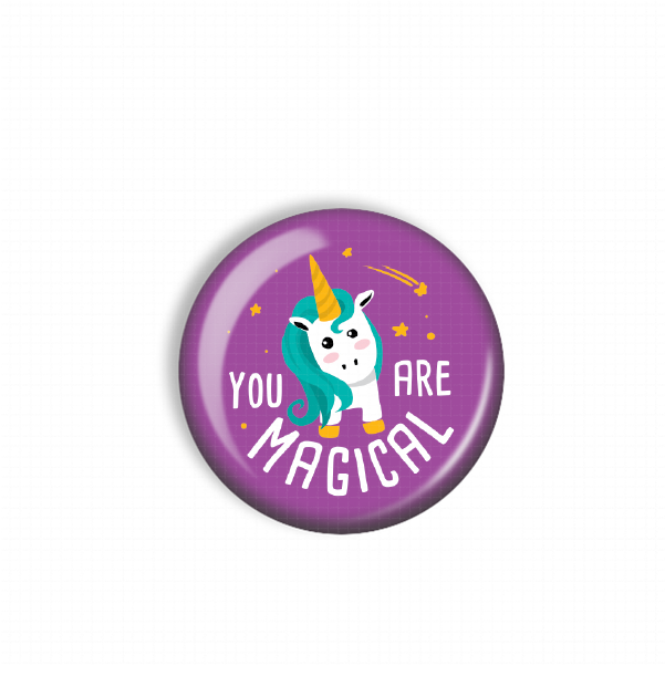 A purple button with a cartoon image of a unicorn and the text "You are magical" on it.