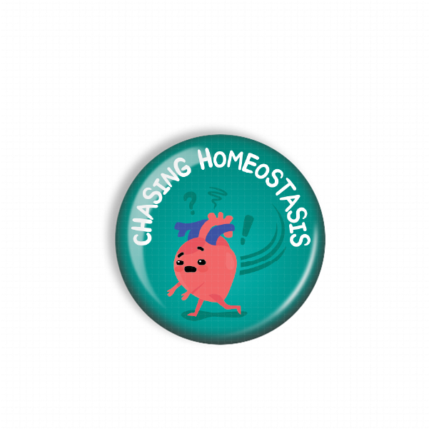 A round, green button with a cartoon heart and the text "CHASING HOMEOSTAS" written on it.