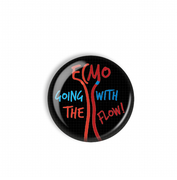 a black button with the text "ECMO going with the flow!" written on it in a stylized font.