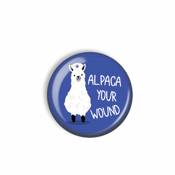 A blue button with a white llama wearing a medical cap and the text "ALPaca Your Wound" printed on it.