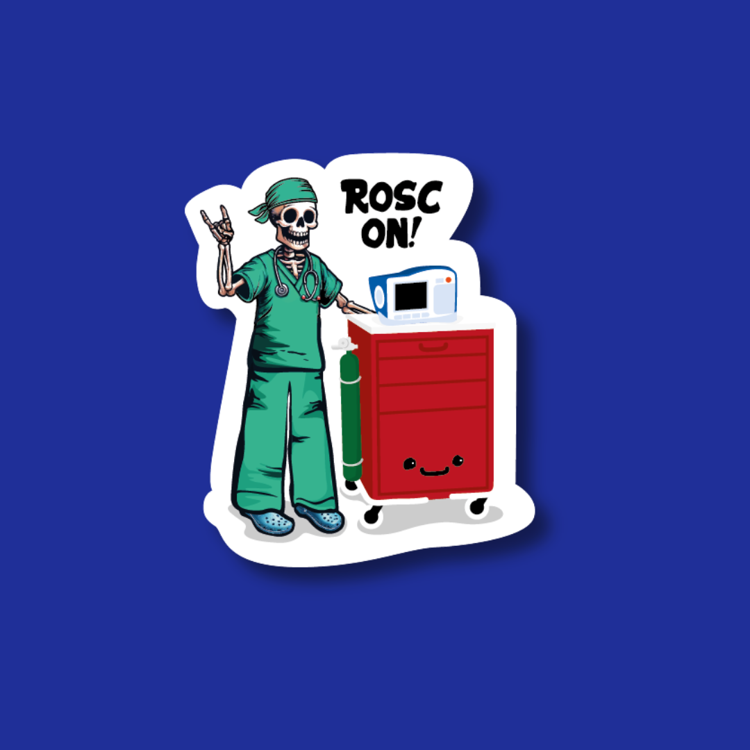 A skeleton wearing a green medical uniform is standing next to a red medical cart with a microwave on top, and the text "ROSC ON!" is displayed above the skeleton.