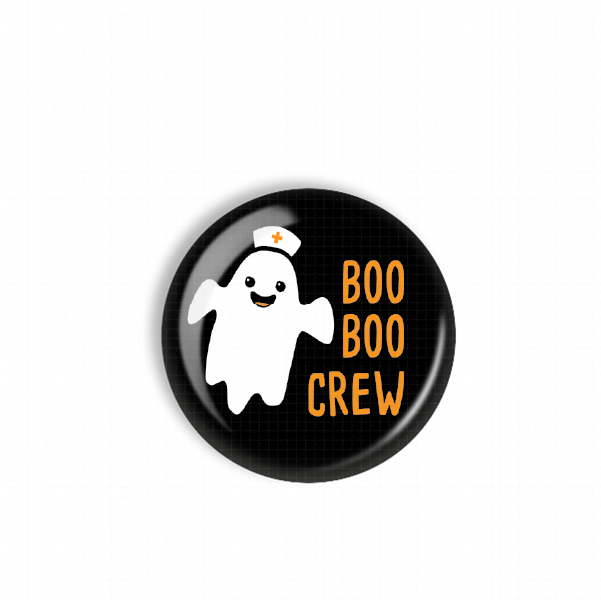 A black button with a white ghost wearing a nurse's cap and the text "BOO BOO CREW" printed on it.