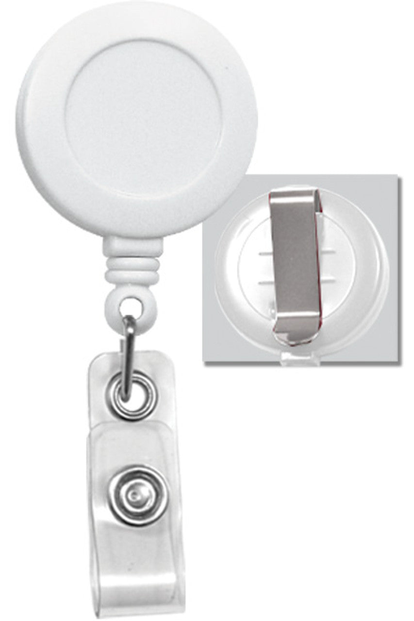 a white badge holder with a clear plastic card clip attached to it.