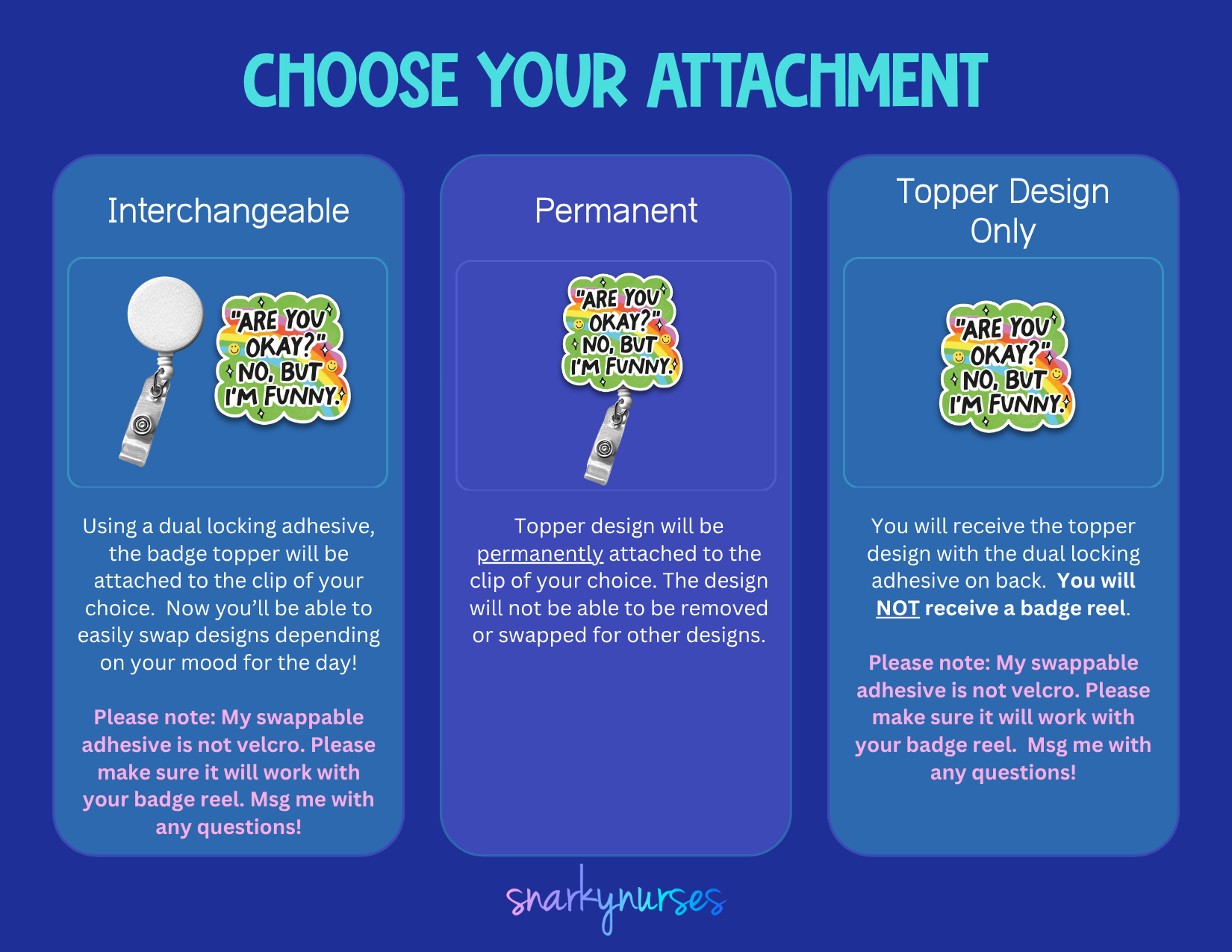 The image is a visual guide with three different types of badge toppers, each with a unique design and instructions. The guide provides information about the badge toppers and their uses, as well as a note about the swappable nature of the adhesive.