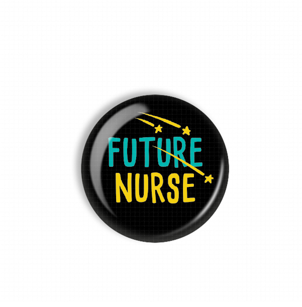 A black button with the text "FUTURE NURSE" in yellow and teal colors.