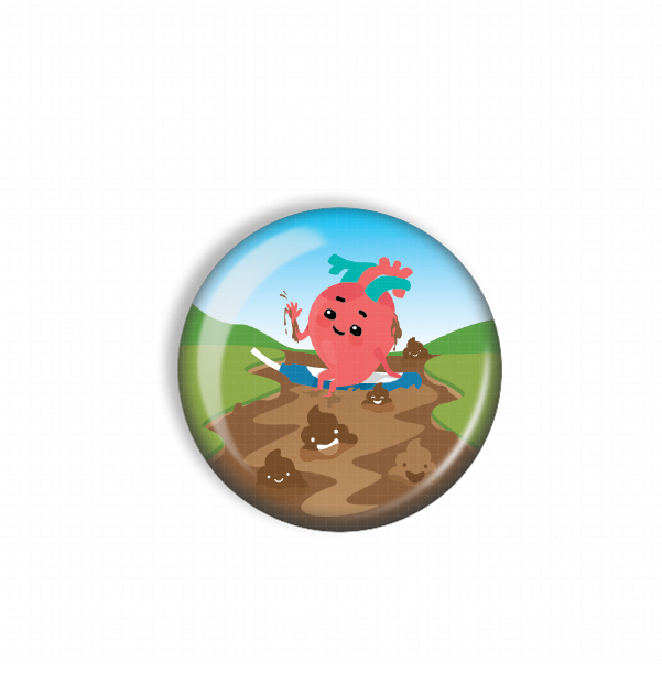 A round, colorful button depicting a cartoon character with a red body, green hat, and a smiling expression, surrounded by a landscape with hills and a blue sky.