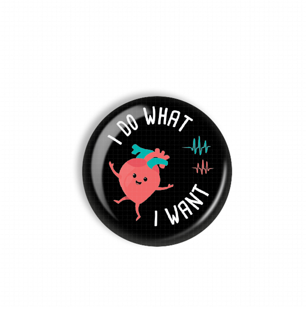 A black button with a cartoon character and text on it.