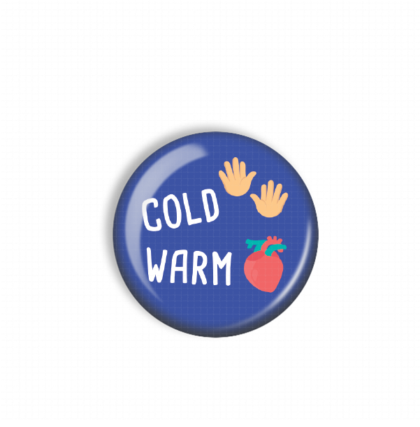 A blue button with the text "COLD WARM" and two hand icons, one larger and one smaller, against a white background.
