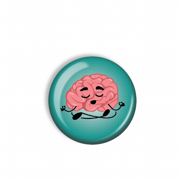 A blue button with a pink brain illustration on it.